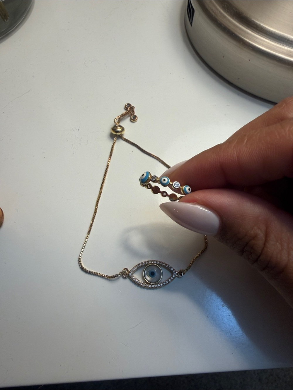 Evil Eye Gold Bracelet and Ring Set with Blue Enamel Accents